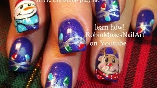 Diy Christmas Nails Frosty - Rudolph - Lights On Blue Xmas Nail Art Design