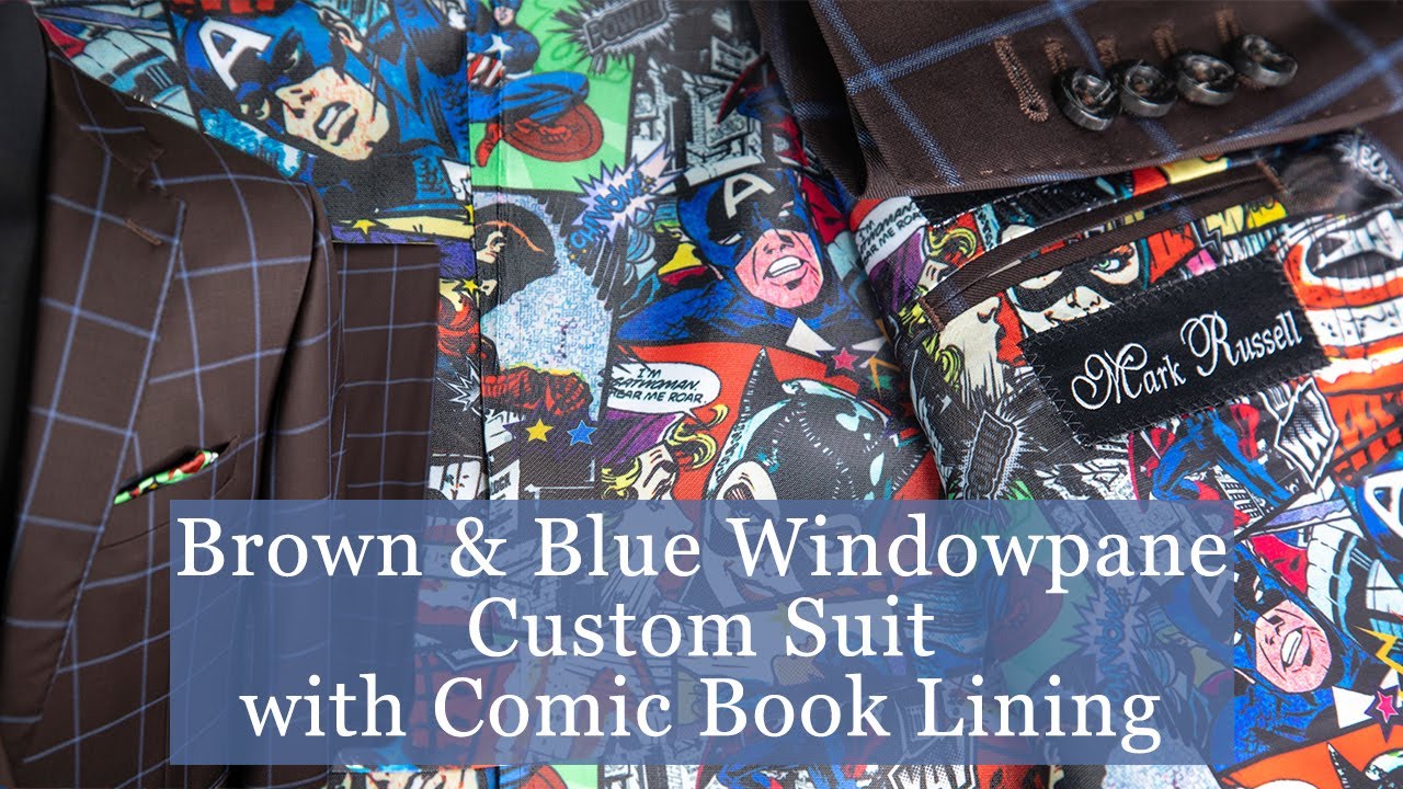 Brown & Blue Windowpane Custom Suit with Comic Book Lining | Mark Russell Custom Clothing