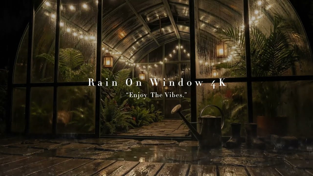 Massive Rain Hitting Window Glass Walls — Night at Greenhouse 4K