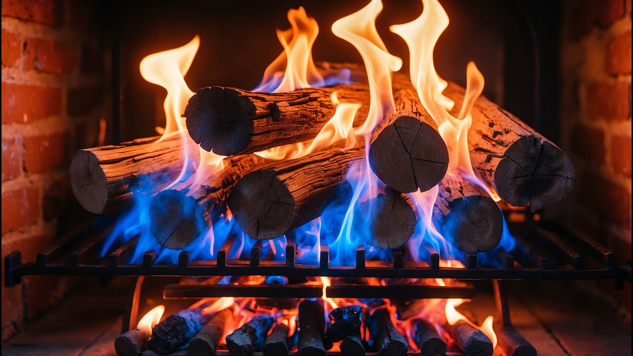 Beautiful Fireplace with Blue and Orange Flames Rising Over Wooden Logs and Embers