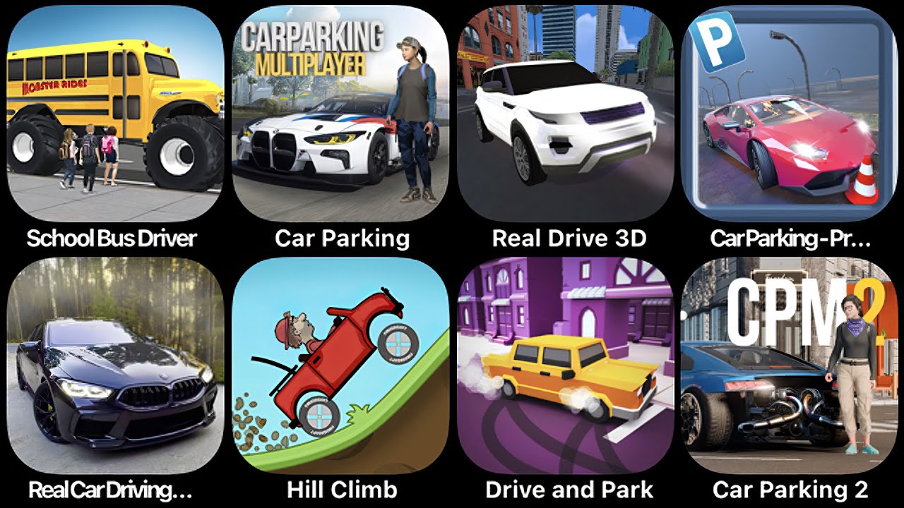 School Bus Driver, Car Parking, Real Drive 3D, Car Parking Pro, Real Car Driving, Hill Climb Racing