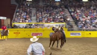 Cole Franks scores an 85 in bareback bronc riding at the CNFR