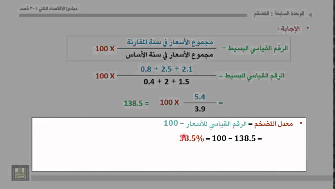 مبادئ الاقتصاد الكلي الوحدة 7 تعريف التضخم وطريقة حسابه Youtube