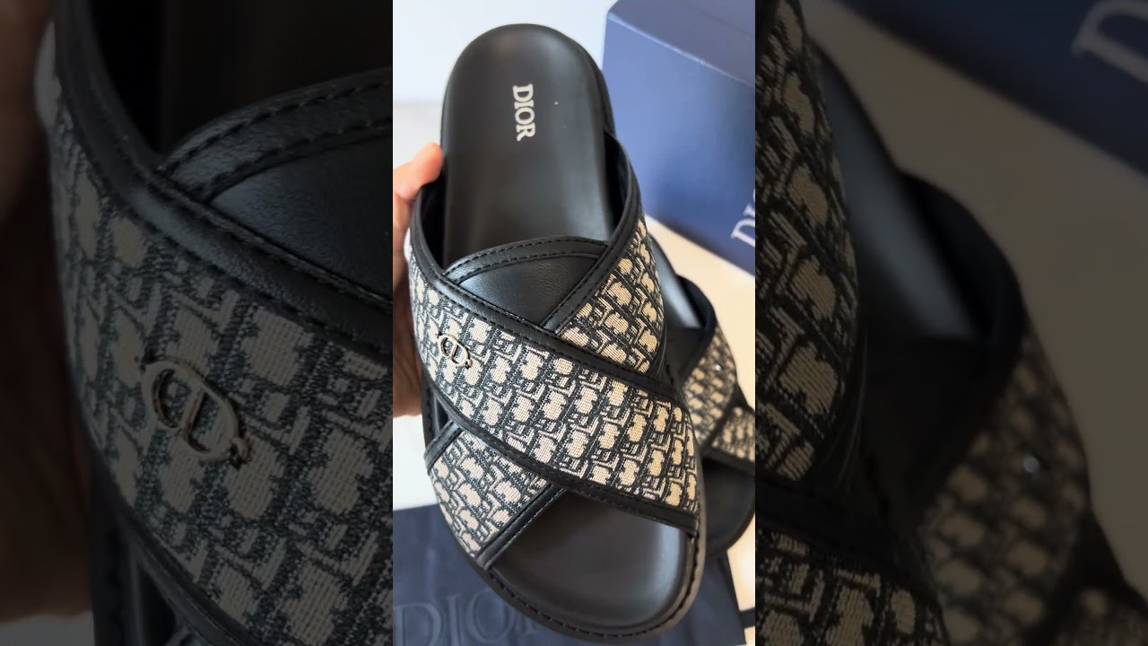 DIOR Alias Sandals Dior Oblique Jacquard Cross strap design Beige and Black Calfskin insole slippers