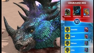 Ceramagnus raid boss defeated by GEMINI x2, Tryo, Tuora EP4 (Jurassic World Alive V2.3)