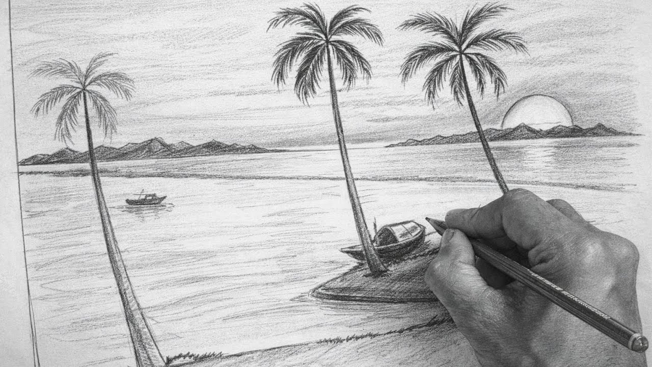গ্রামের নদীর ধারের দৃশ্য অঙ্কন | Easy Pencil Landscape Drawing 