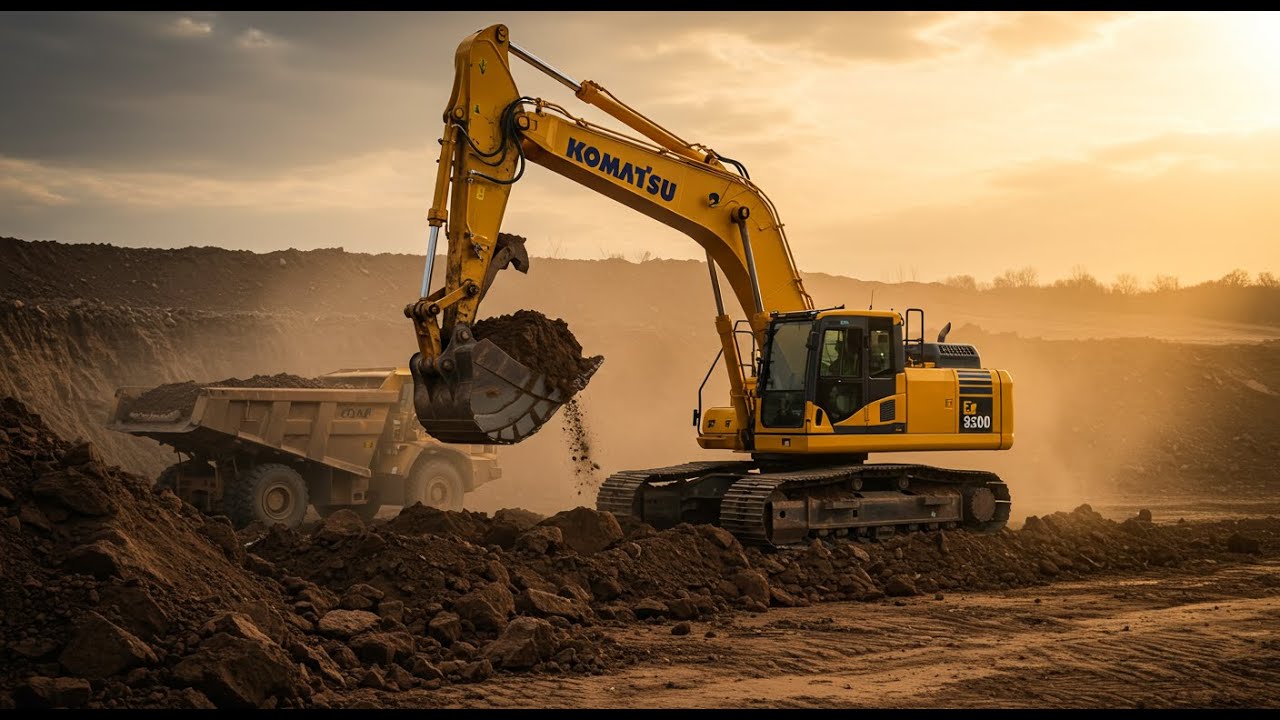 A large and powerful Komatsu excavator is digging deep into the ground ...