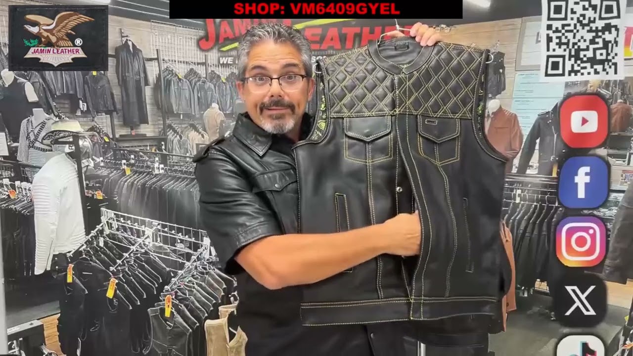 Easy Access Leather Club Vest with Yellow Stitched Quilting