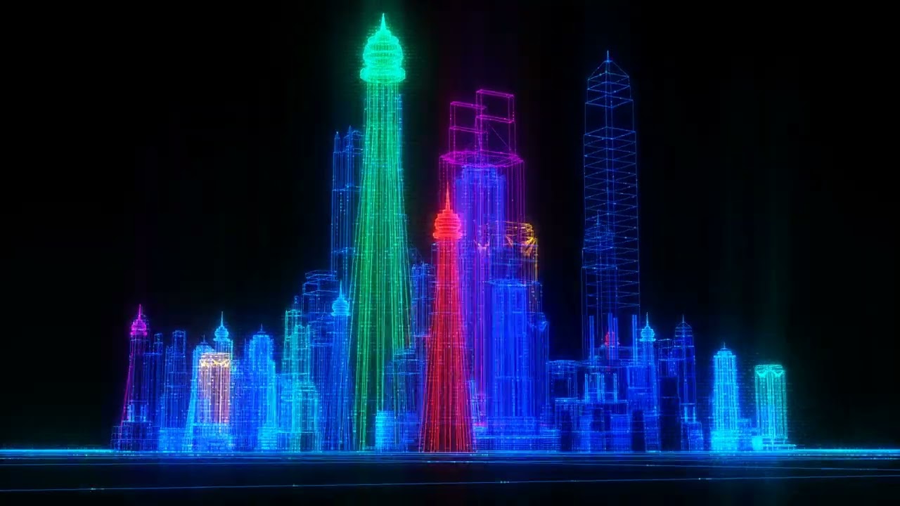 orbiting futuristic digital colorful city seamless loop