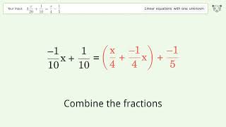 Linear equation with one unknown: Solve 3x/20+1/10=x/4-1/5 step-by-step solution