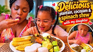 Eating delicious plantain, cocoyam & spinach stew with my daughters 😋❤️