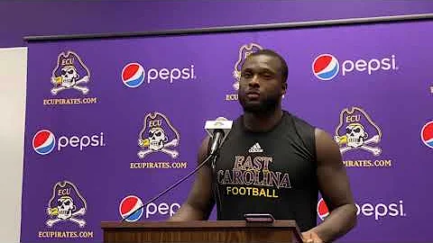 ECUFootball LB Bruce Bivens comments after practic...