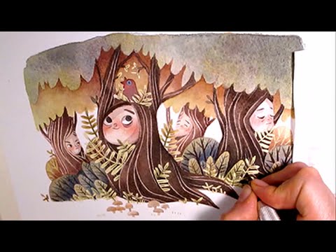 watercolor illustration treepeople with masking fluid and colored