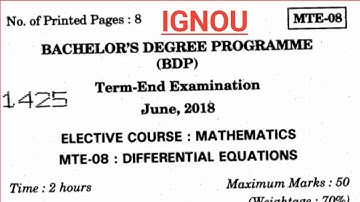 IGNOU | MTE08 | JUNE TEE 2018 | SOLUTIONS | DIFFERENTIAL EQUATION |