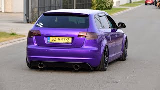 BAGGED Audi A3 Sportback with custom RVS Exhaust | Loud Accelerations, Crackles, Sounds, ...