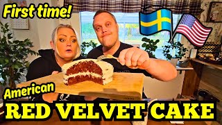 First time!! Swedish couple try American Red Velvet Cake!