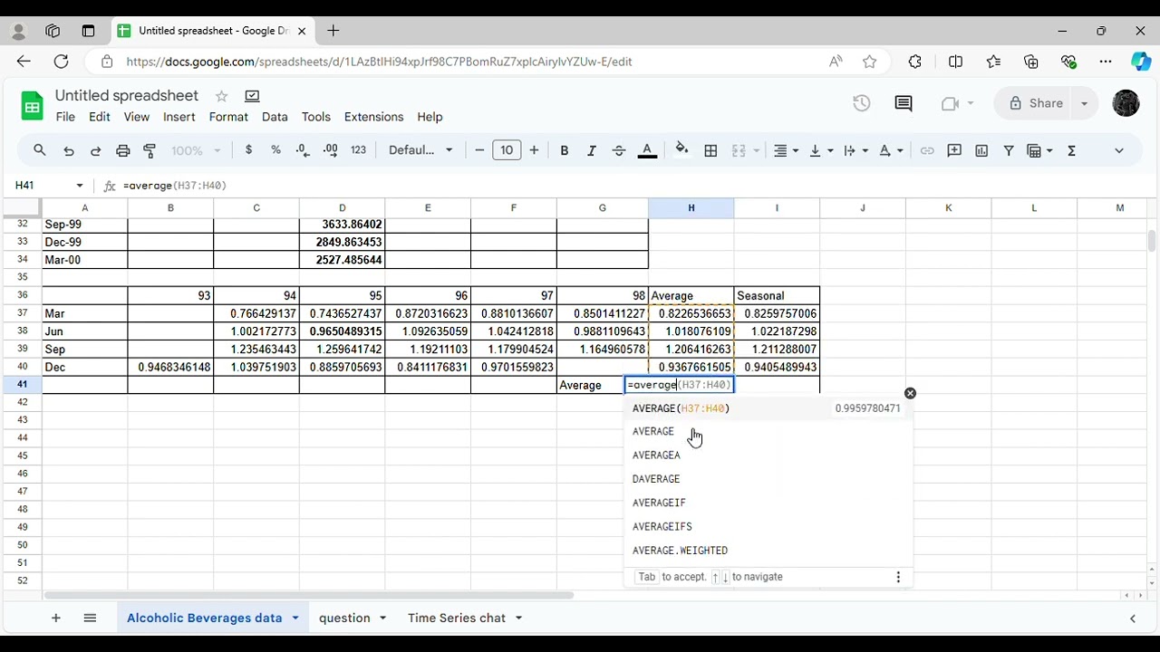 Centred moving average, seasonal indices, forecasts, deseasonalised values
