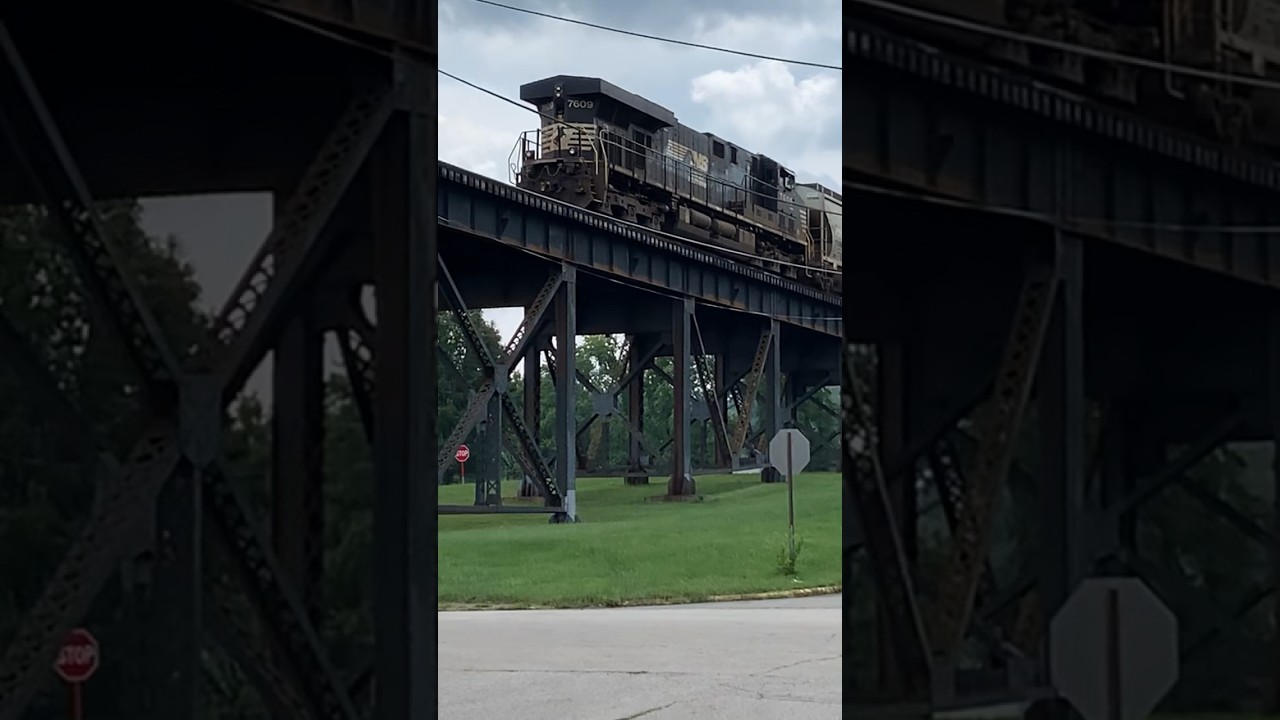 High & Dry!  Norfolk Southern locomotive pushing train on trestle In Kenova West Virginia, JawTooth