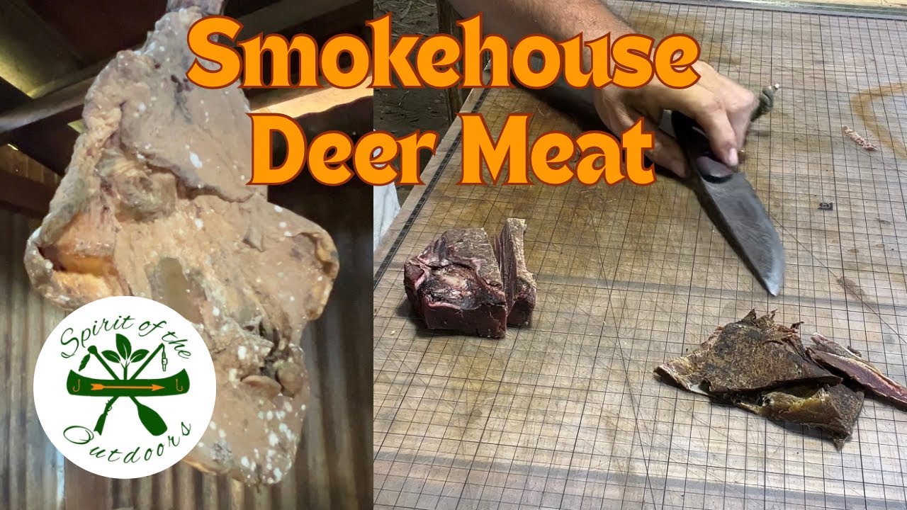 Eating some of the deer meat out of the smoke house