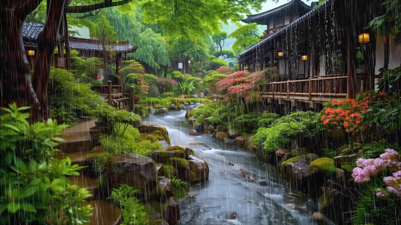 Enjoying The Sound of Rain In Japanese Village River ☘️ Rain Sound For ...