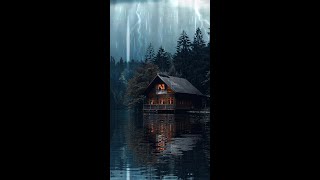 🔴 Dreamy Rain & Thunder Sounds for Sleep - Brooding Stormy Night by the Lake in Wooden Chalet