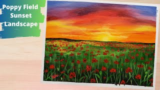 Sunset on Poppy Flowers Field | Acrylic Painting Tutorial | Simple Landscape