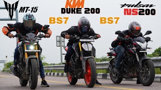 Duke 200 LED vs NS200 BS7 vs MT15 V2 Drag Race