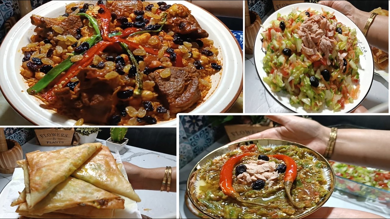 طاولة رمضان 2026 🌛 روز تونسي احمر بالعلوش - تشيش باللحم - سلاطة مشوية ادووخ البنة - بريك سلاطة خضراء
