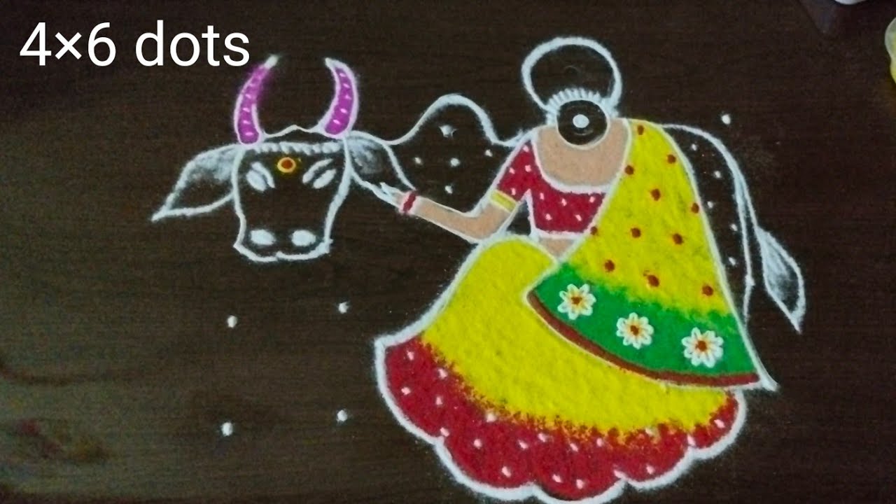creative girl with pongal pot kolam/Mattu pongal rangoli with dot/sankarantimugglu