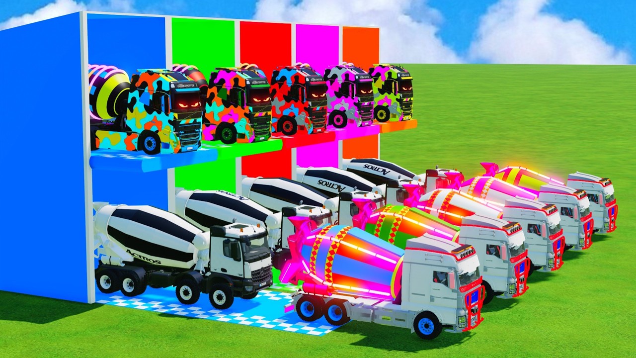 Garage with Colors - ALL MIXER TRUCK WITH DOUBLE FLATBED TRAILER TRUCK, MAN, RENAULT, VOLVO - FS22