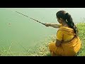 Village fishing|beautiful cute lady catch Big size fish in canal using one sticks rod