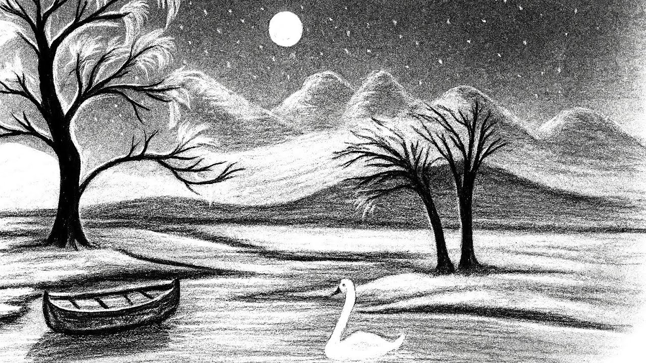 Moonlight Charcoal Drawing | Easy Winter Landscape Sketch for Beginners