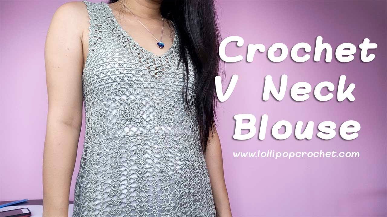 เสื้อถักคอวีแต่งโครเชต์สี่เหลี่ยม (Crochet V Neck Sleeveless Blouse)