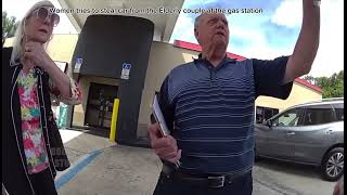 Women tries to steal car from the Elderly couple at the gas station 