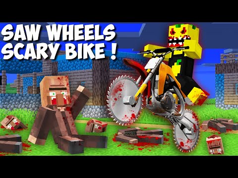 I found A SCARY MOTORBIKE WITH SAW WHEELS in Minecraft ! DEADLY BIKE VS VILLAGERS !