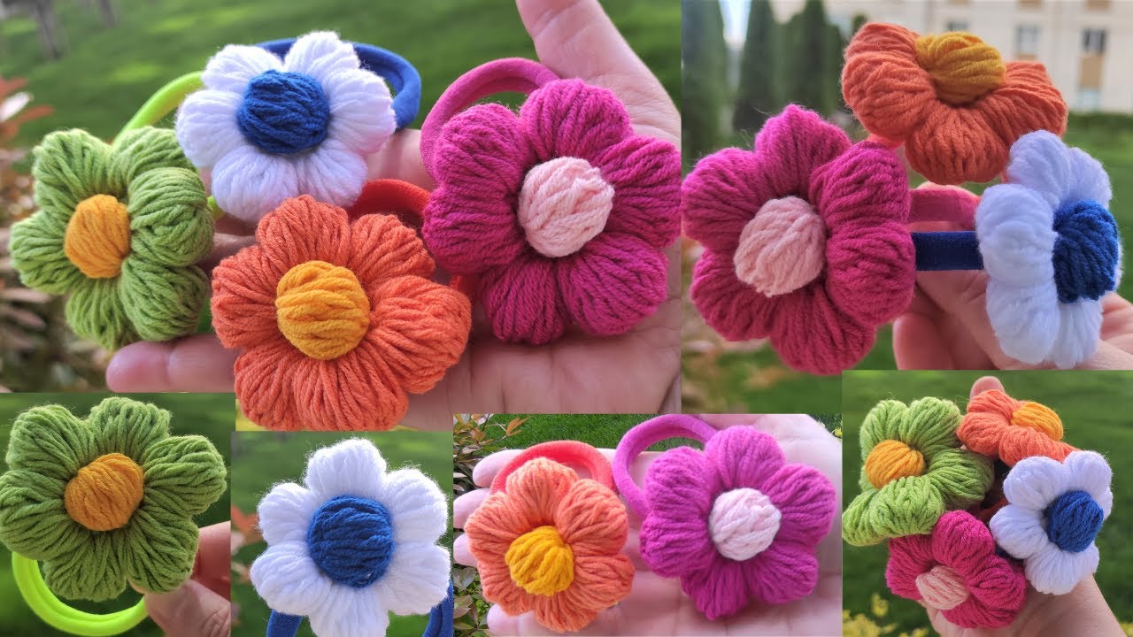 CROCHET PUFFY FLOWER HAIRTIE, EASY PUFF FLOWER, CROCHET HAIR SCRUNCHIE, EASY CROCHET HAIR BUCKLE .