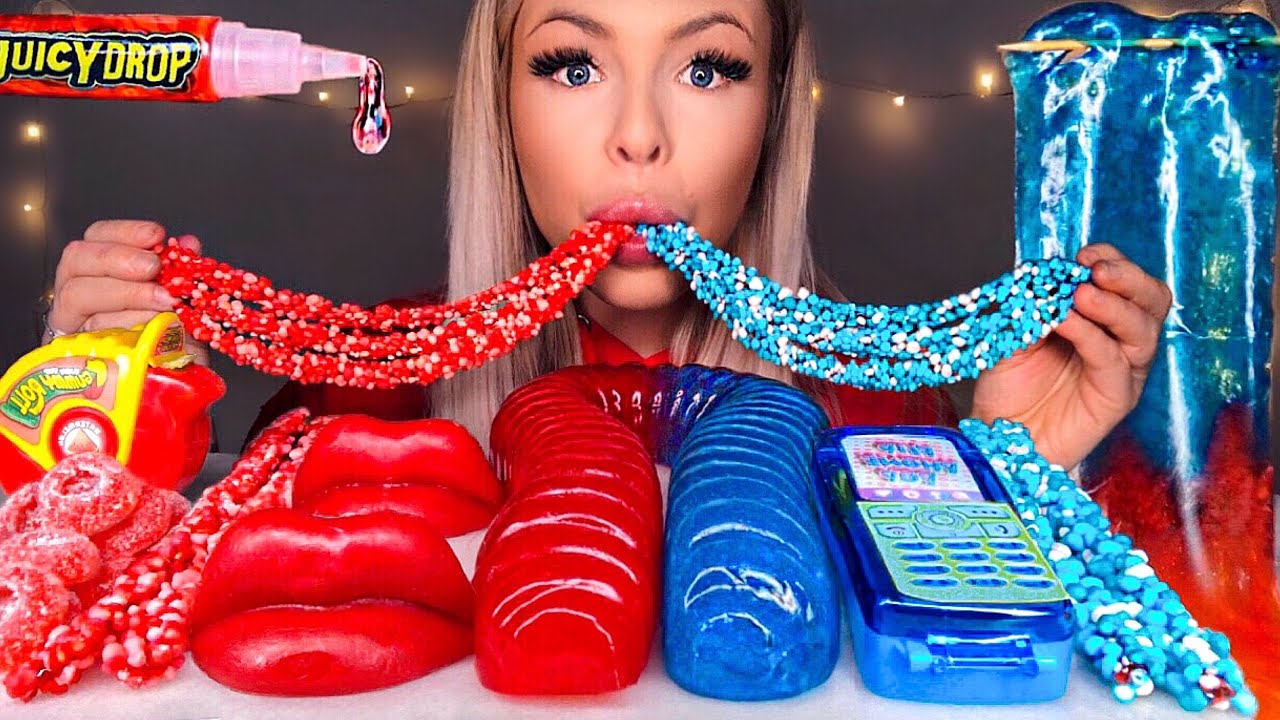 ASMR RED FOOD VS BLUE FOOD, GIANT GUMMY WORM, SOUR CANDY, WAX LIPS