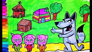 Three Little Pigs story drawing and coloring for kids, Toddlers | How to Draw Easy