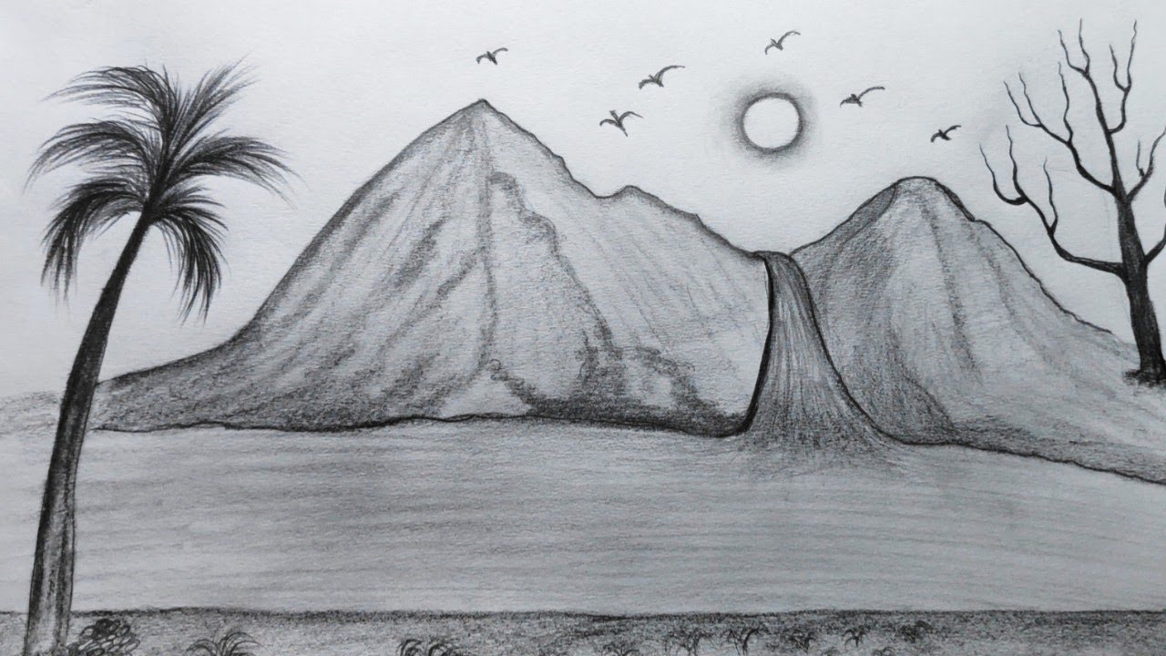 How to draw mountain and river scenery drawing How to draw beautiful
