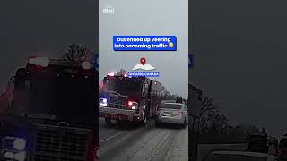 Speeding firetruck narrowly avoids oncoming traffic