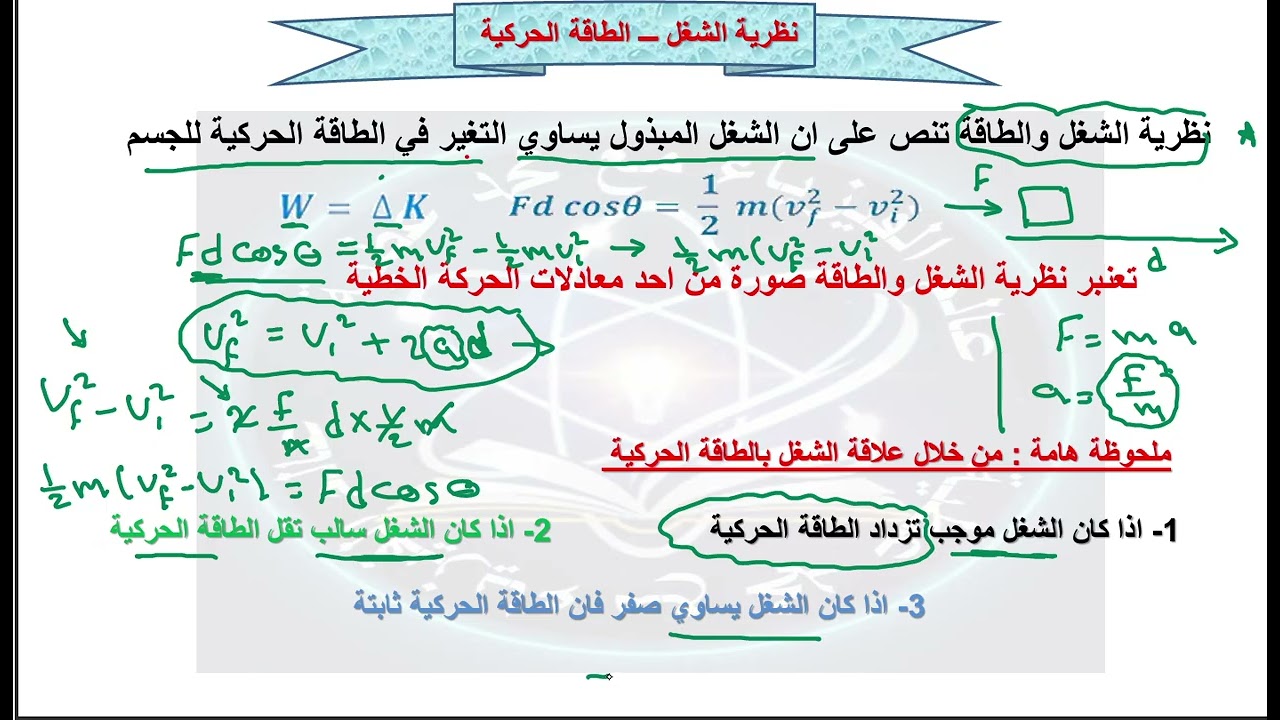 نظرية الشغل والحركة وتمارين خيار من متعدد على الدرس حادي عشر متقدم