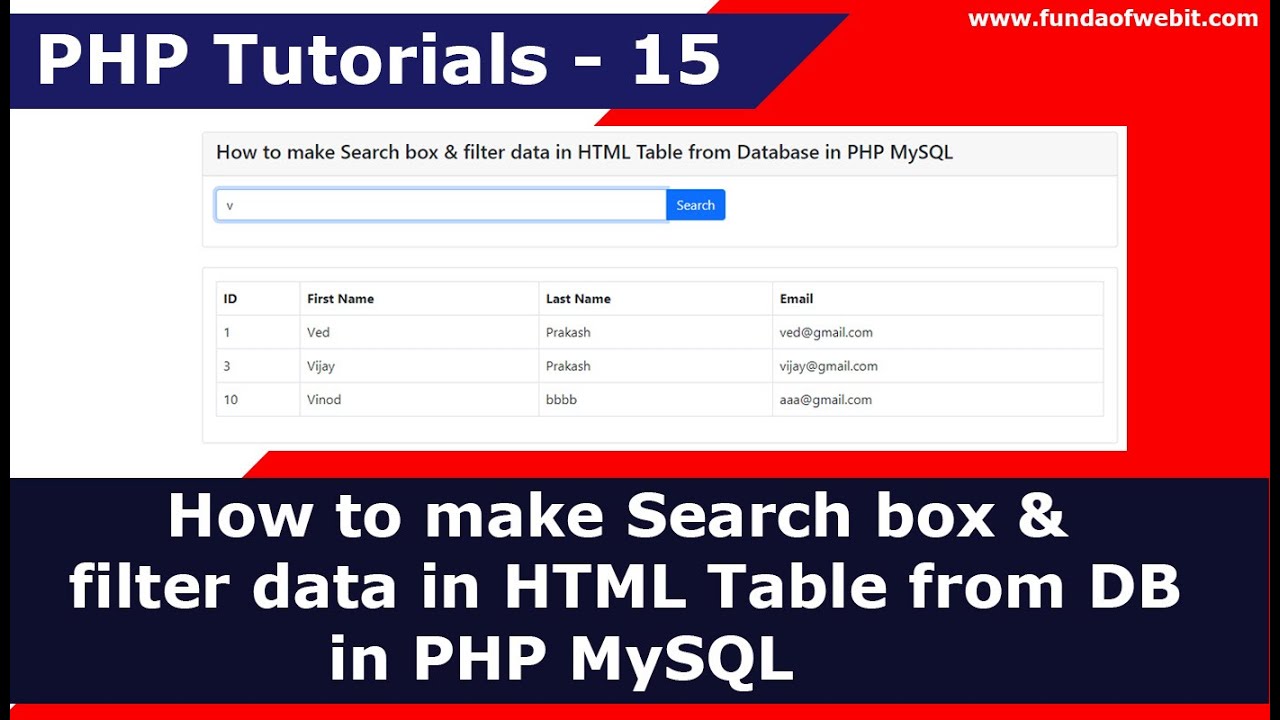 ตาราง php  Update  How to make Search box \u0026 filter data in HTML Table from Database in PHP MySQL | PHP Tutorials - 15
