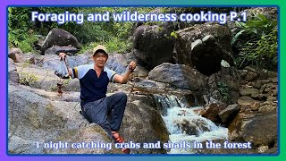 Foraging and wilderness cooking-P.1-|1 night catching crabs and snails in the forest|VinhSon TV