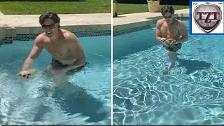 Joe Manganiello spends his day swimming in the pool with his dog