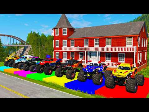 Monster Trucks on Double Flatbed Trailer | Slide Colors + Cars vs Speed Bump - BeamNG #03