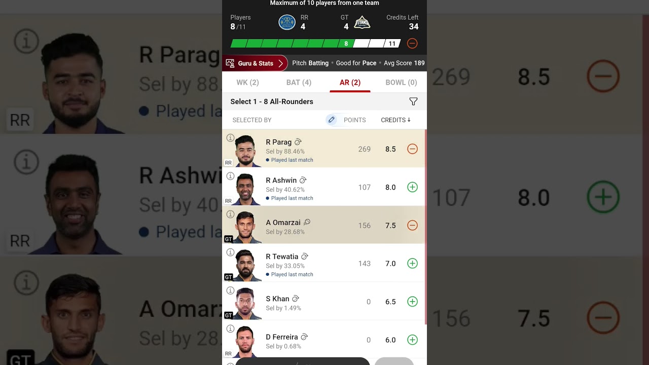 RR vs GT Dream11 Gl Team 