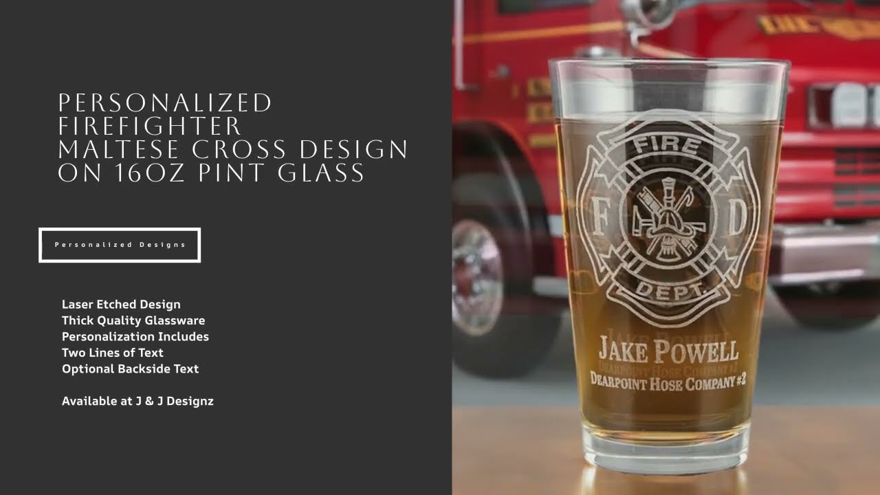 Personalized Etched Firefighter Maltese Cross Pint Glass – Engraved 16 oz Beer Glass
