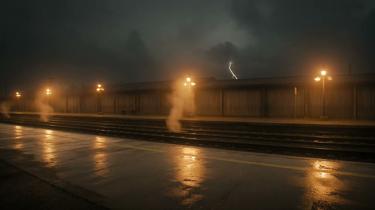 1970s Train Station Platform – Night Rain | Cinematic Vintage Atmosphere & Moody Ambience
