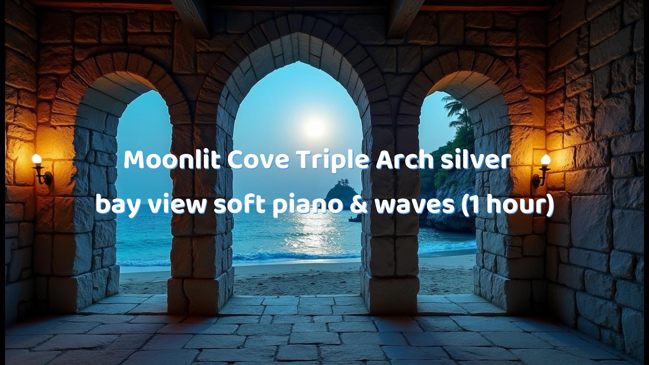 Moonlit Cove Triple Arch — silver bay view soft piano & waves (1 hour)