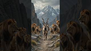 Markhor carrying its baby between lions on both sides, fearless walk, 🫎🫎